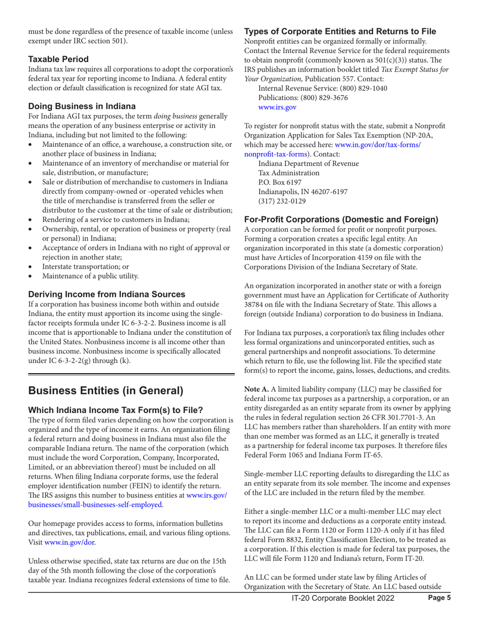 Instructions for Form IT-20, State Form 44275 Indiana Corporate Adjusted Gross Income Tax Return - Indiana, Page 5
