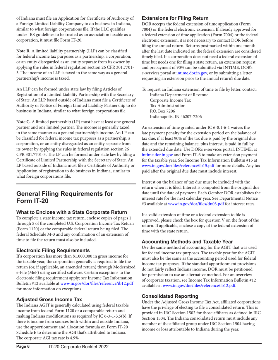 Instructions for Form IT-20, State Form 44275 Indiana Corporate Adjusted Gross Income Tax Return - Indiana, Page 6