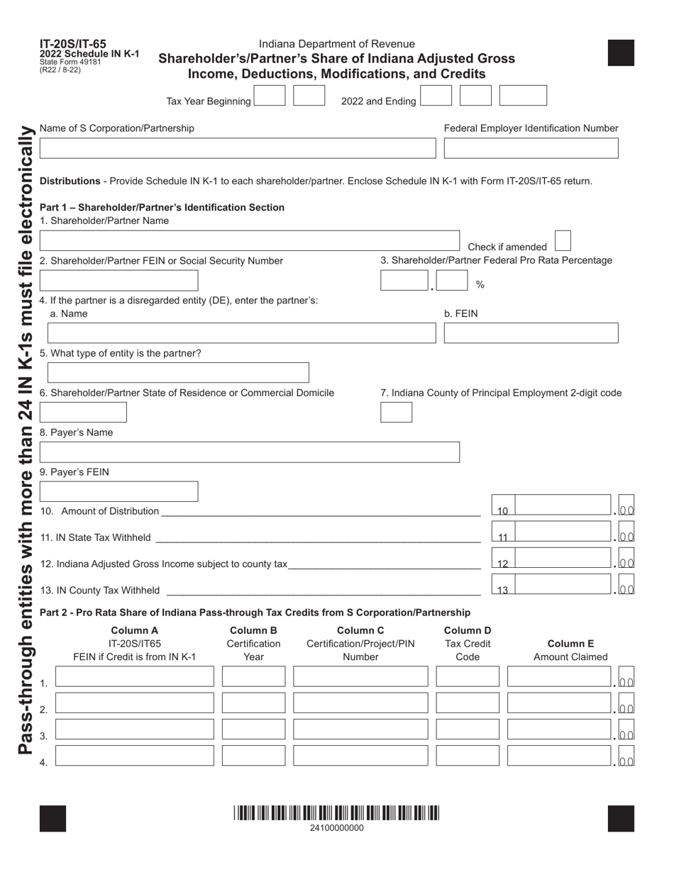 Form IT-20S (IT-65; State Form 49181) Schedule IN K-1 - 2022 - Fill Out ...