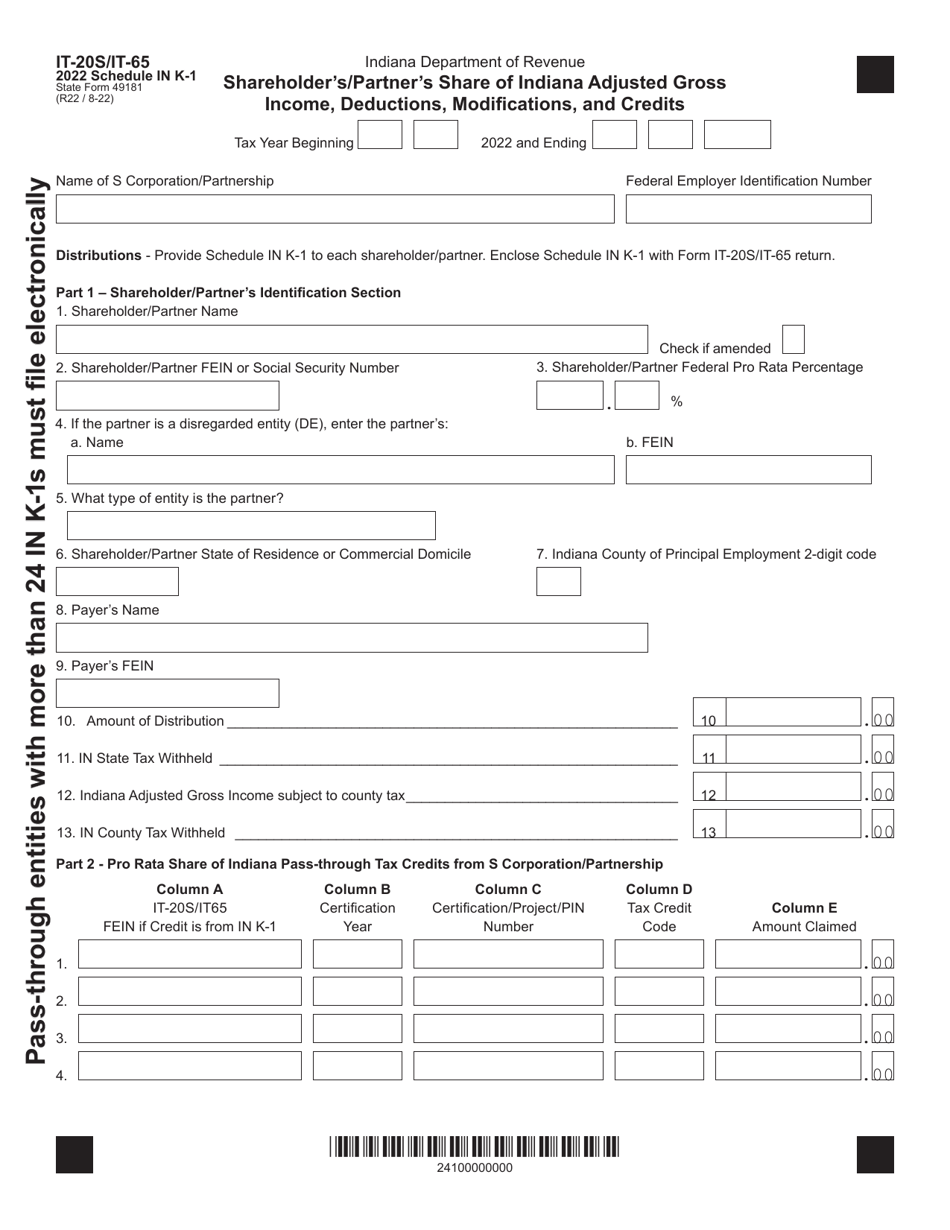 Form IT-20S (IT-65; State Form 49181) Schedule IN K-1 Shareholders / Partners Share of Indiana Adjusted Gross Income, Deductions, Modifications, and Credits - Indiana, Page 1