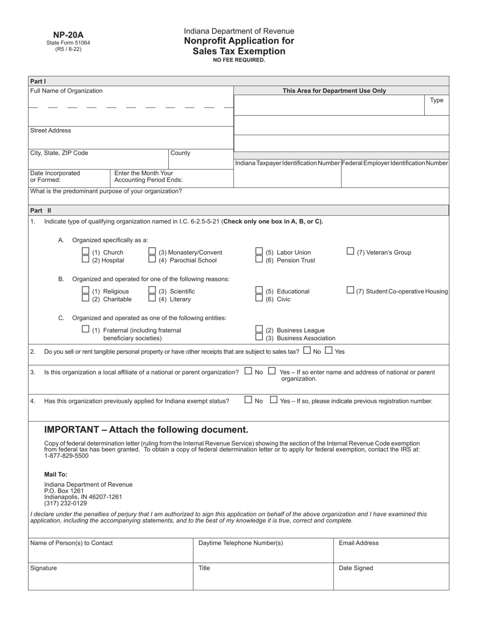 Form NP-20A (State Form 51064) Nonprofit Application for Sales Tax Exemption - Indiana, Page 1