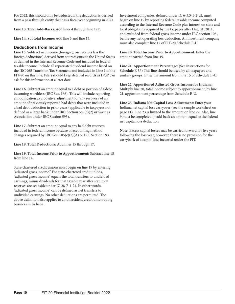 Instructions for Form FIT-20, State Form 44623 Schedule E-U, FIT-ES, FIT-NRTC Financial Institution Tax Return - Indiana, Page 10