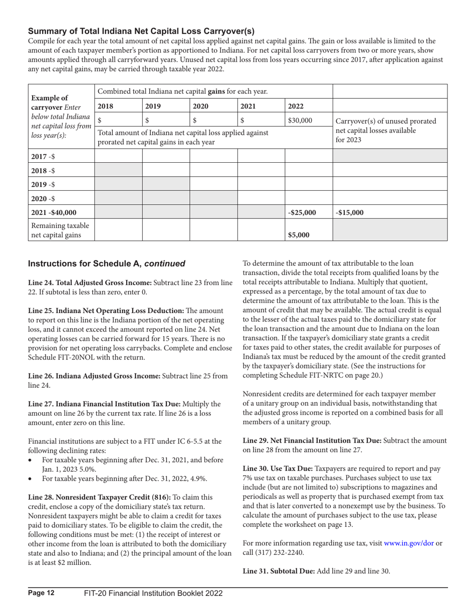 Instructions for Form FIT-20, State Form 44623 Schedule E-U, FIT-ES, FIT-NRTC Financial Institution Tax Return - Indiana, Page 12