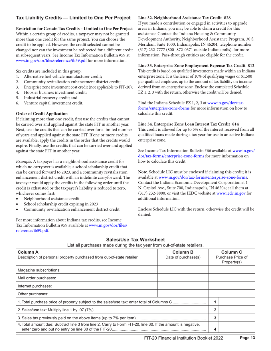 Instructions for Form FIT-20, State Form 44623 Schedule E-U, FIT-ES, FIT-NRTC Financial Institution Tax Return - Indiana, Page 13