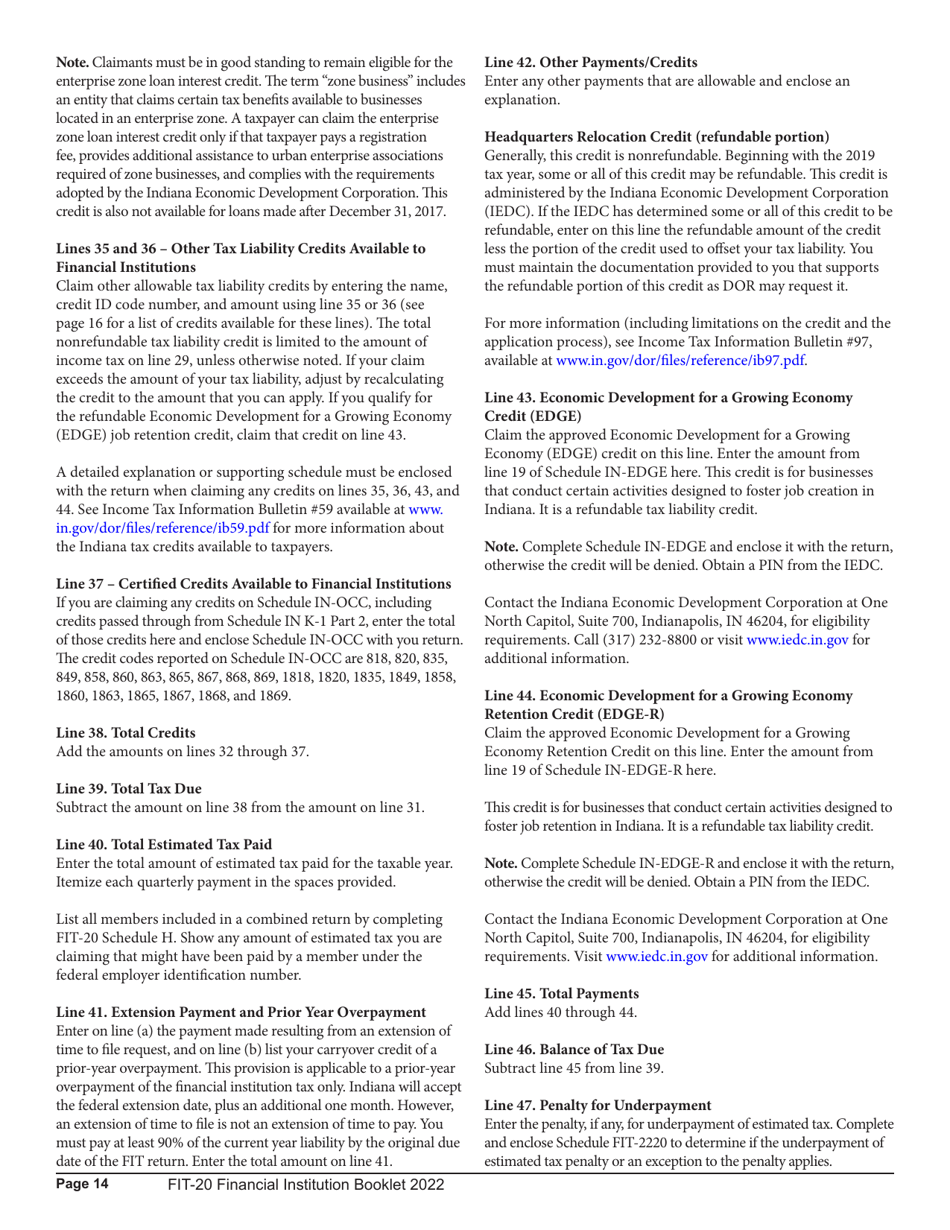 Instructions for Form FIT-20, State Form 44623 Schedule E-U, FIT-ES, FIT-NRTC Financial Institution Tax Return - Indiana, Page 14