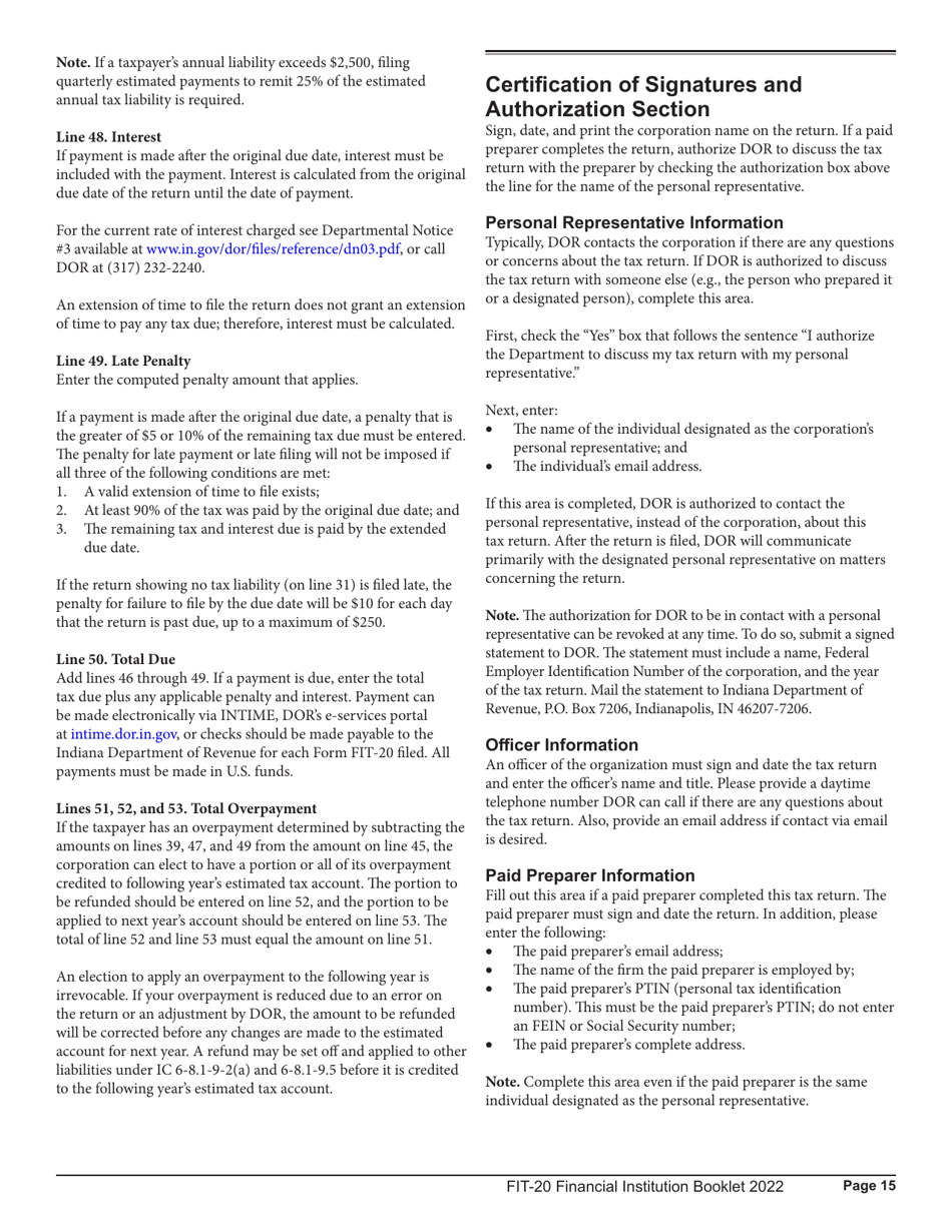 Instructions for Form FIT-20, State Form 44623 Schedule E-U, FIT-ES, FIT-NRTC Financial Institution Tax Return - Indiana, Page 15
