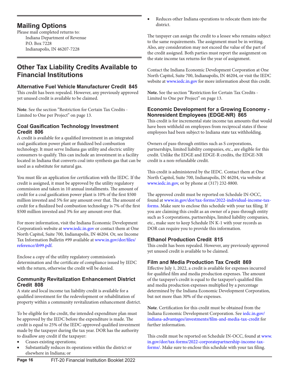 Instructions for Form FIT-20, State Form 44623 Schedule E-U, FIT-ES, FIT-NRTC Financial Institution Tax Return - Indiana, Page 16