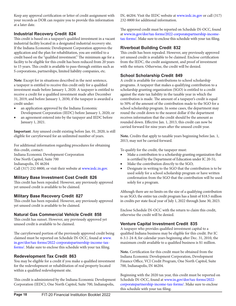 Instructions for Form FIT-20, State Form 44623 Schedule E-U, FIT-ES, FIT-NRTC Financial Institution Tax Return - Indiana, Page 18