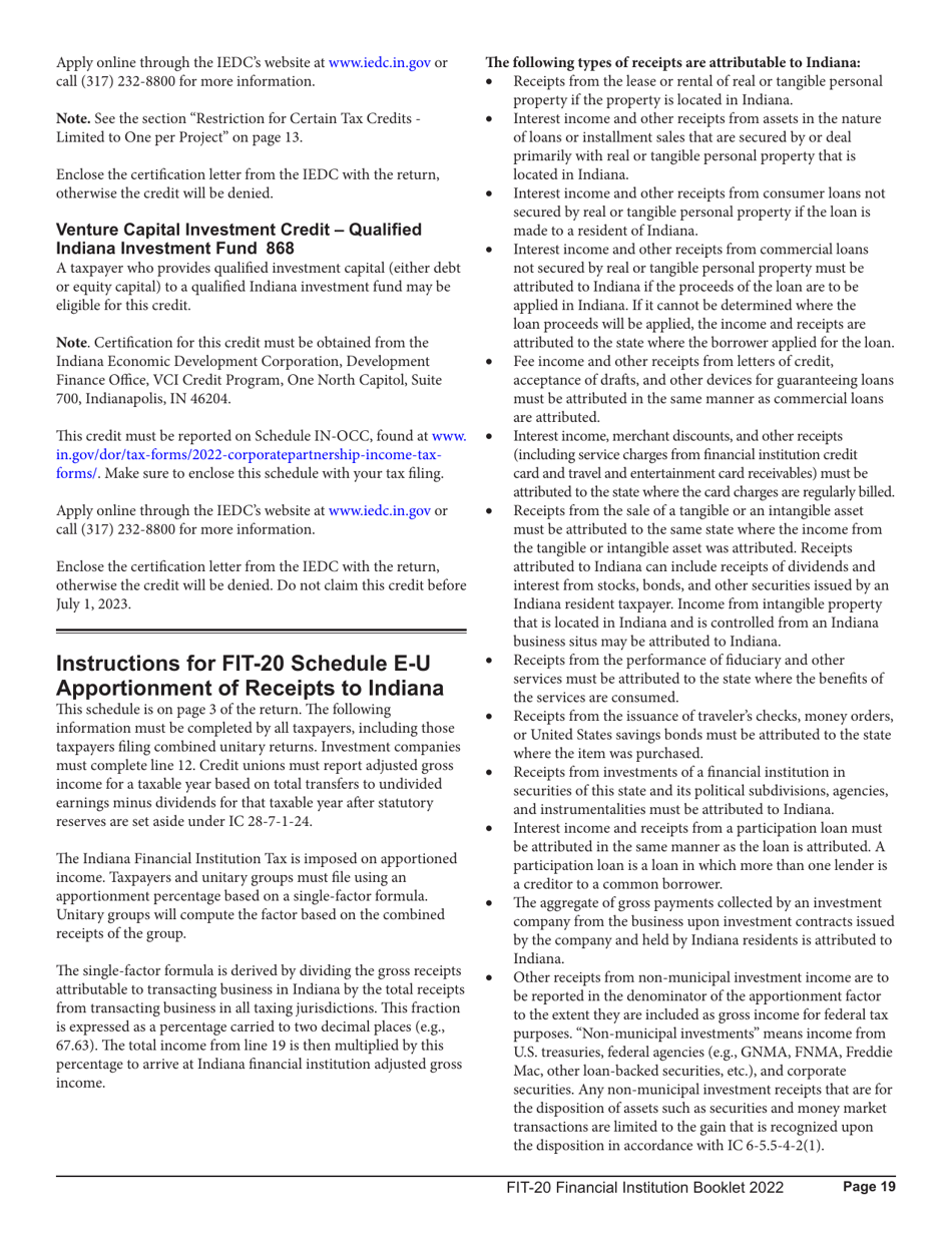 Instructions for Form FIT-20, State Form 44623 Schedule E-U, FIT-ES, FIT-NRTC Financial Institution Tax Return - Indiana, Page 19