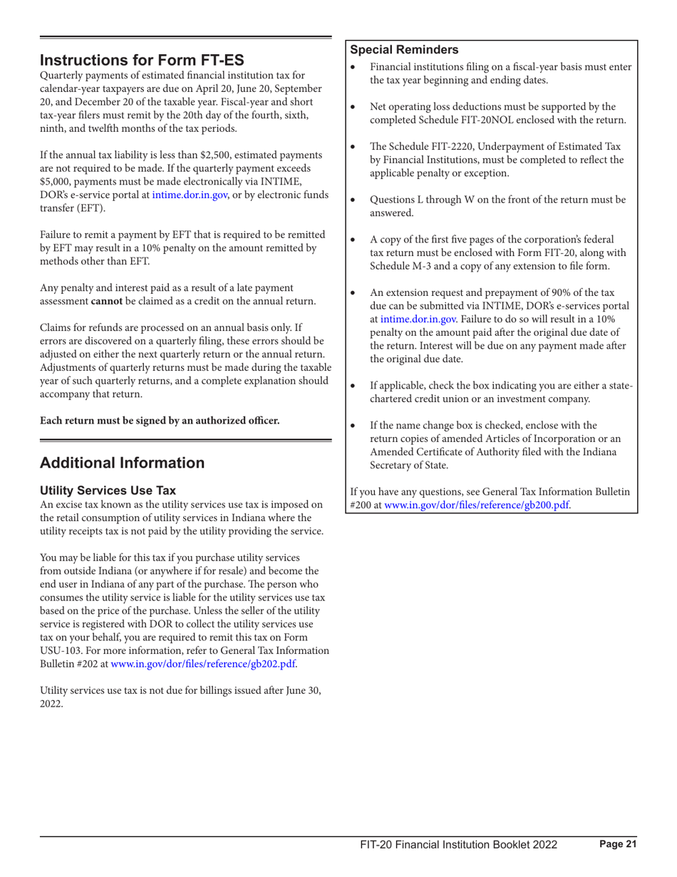 Instructions for Form FIT-20, State Form 44623 Schedule E-U, FIT-ES, FIT-NRTC Financial Institution Tax Return - Indiana, Page 21