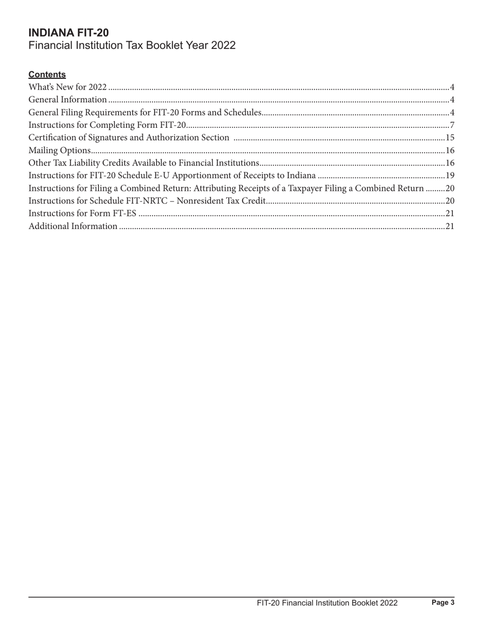 Instructions for Form FIT-20, State Form 44623 Schedule E-U, FIT-ES, FIT-NRTC Financial Institution Tax Return - Indiana, Page 3