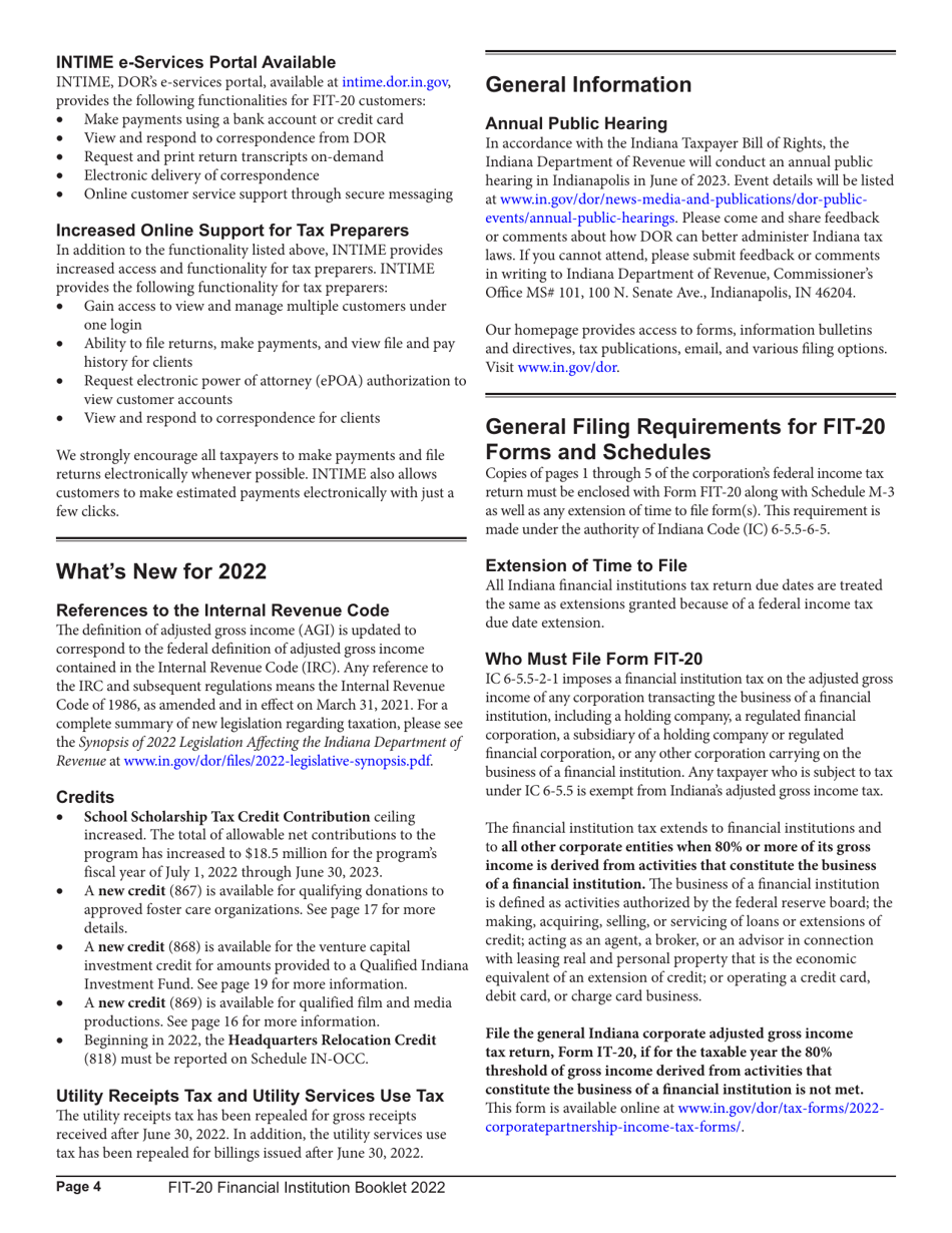 Instructions for Form FIT-20, State Form 44623 Schedule E-U, FIT-ES, FIT-NRTC Financial Institution Tax Return - Indiana, Page 4