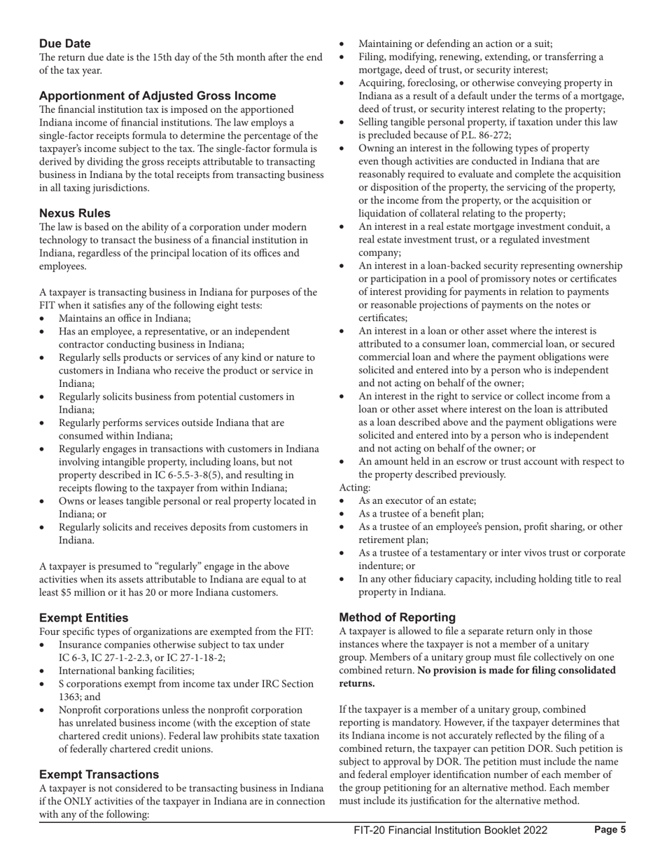 Instructions for Form FIT-20, State Form 44623 Schedule E-U, FIT-ES, FIT-NRTC Financial Institution Tax Return - Indiana, Page 5