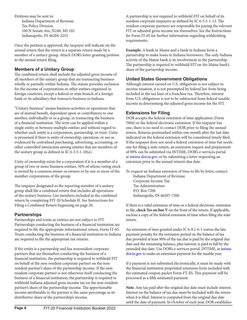 Instructions for Form FIT-20, State Form 44623 Schedule E-U, FIT-ES, FIT-NRTC Financial Institution Tax Return - Indiana, Page 6
