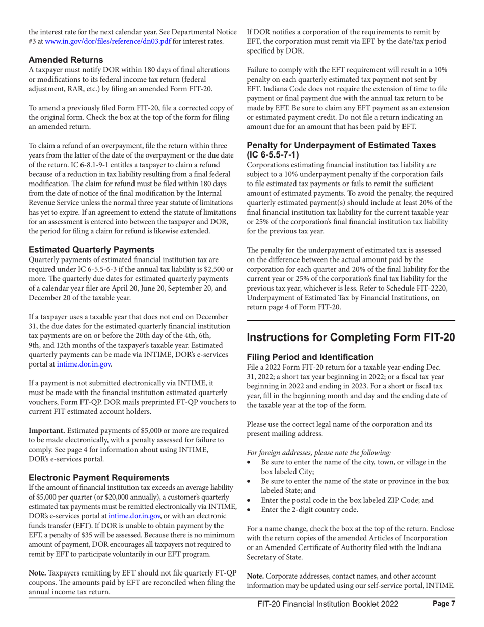 Instructions for Form FIT-20, State Form 44623 Schedule E-U, FIT-ES, FIT-NRTC Financial Institution Tax Return - Indiana, Page 7