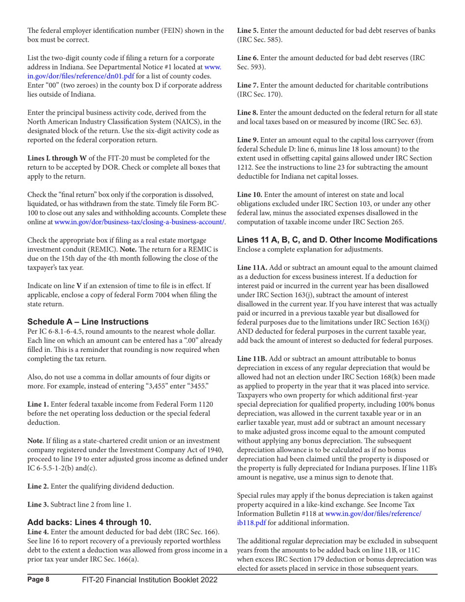 Instructions for Form FIT-20, State Form 44623 Schedule E-U, FIT-ES, FIT-NRTC Financial Institution Tax Return - Indiana, Page 8