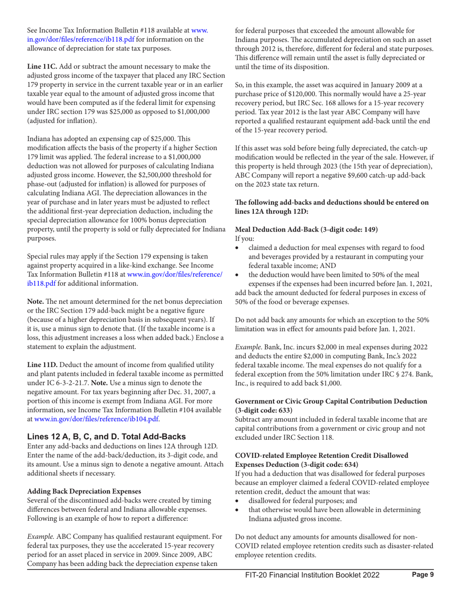 Instructions for Form FIT-20, State Form 44623 Schedule E-U, FIT-ES, FIT-NRTC Financial Institution Tax Return - Indiana, Page 9
