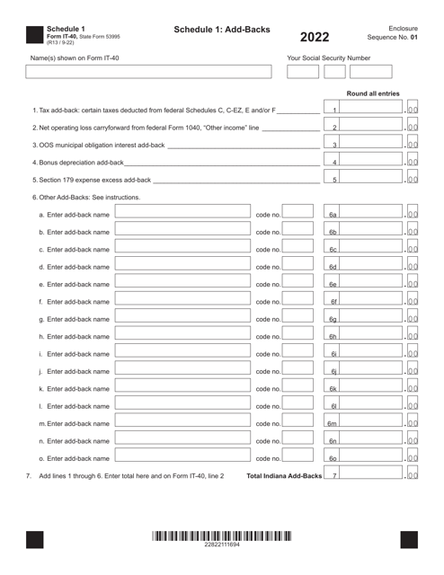Form IT-40 (State Form 53995) Schedule 1 Add-Backs - Indiana, 2022
