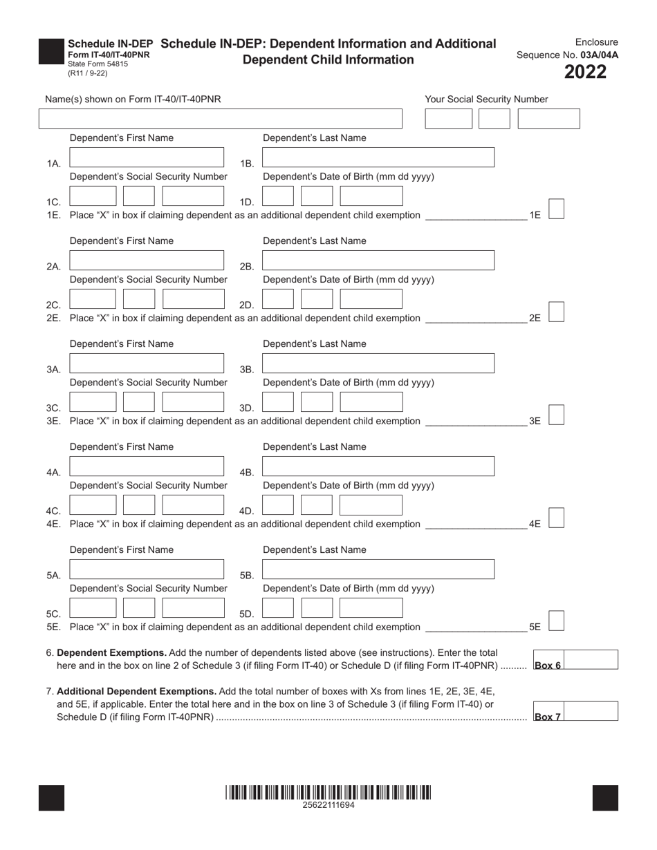 Form IT40 (IT40PNR; State Form 54815) Schedule INDEP Download