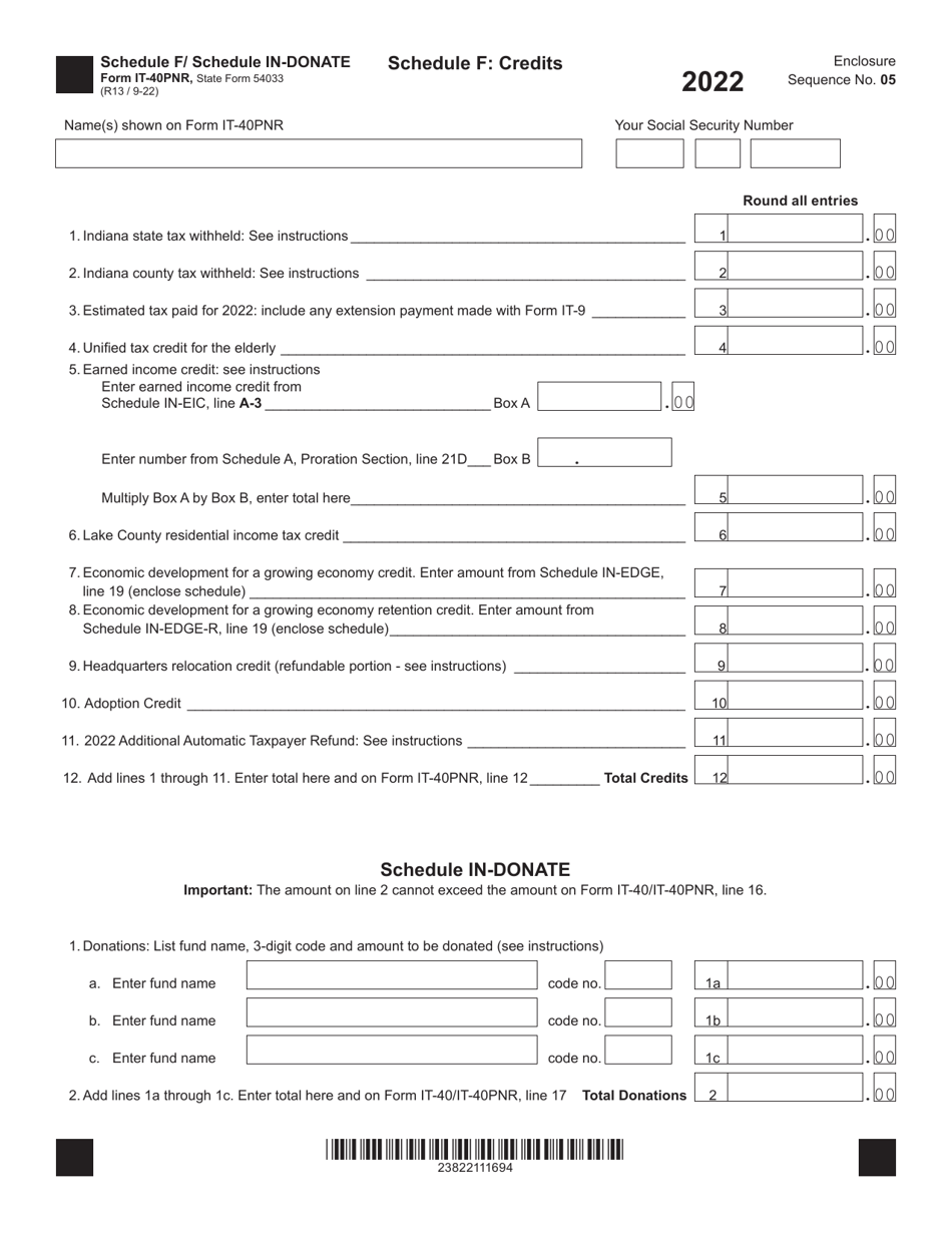 Form IT-40PNR (State Form 54033) Schedule F, IN-DONATE Credits / Donations - Indiana, Page 1