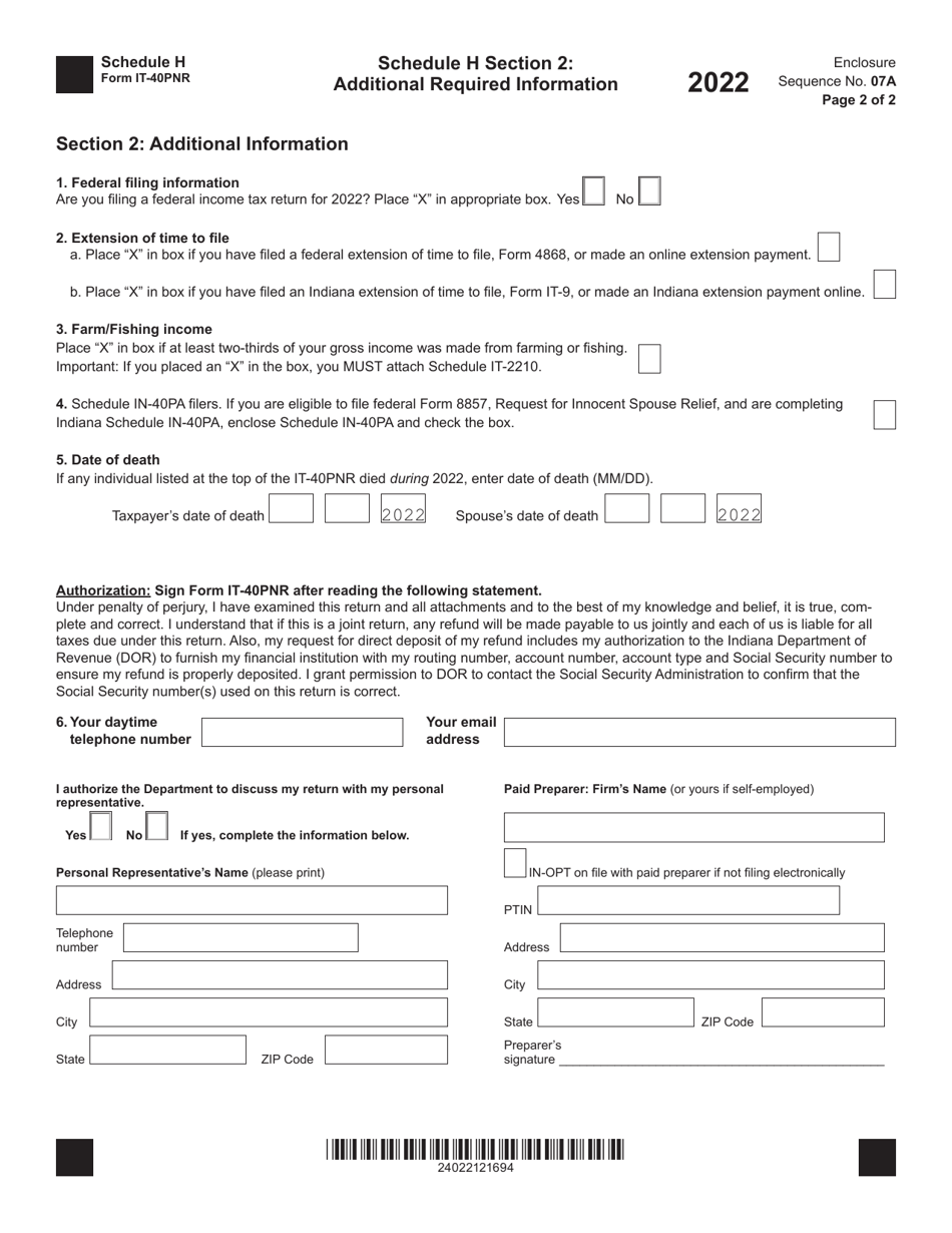 Form IT-40PNR (State Form 54035) Schedule H Residency Information / Additional Required Information - Indiana, Page 2