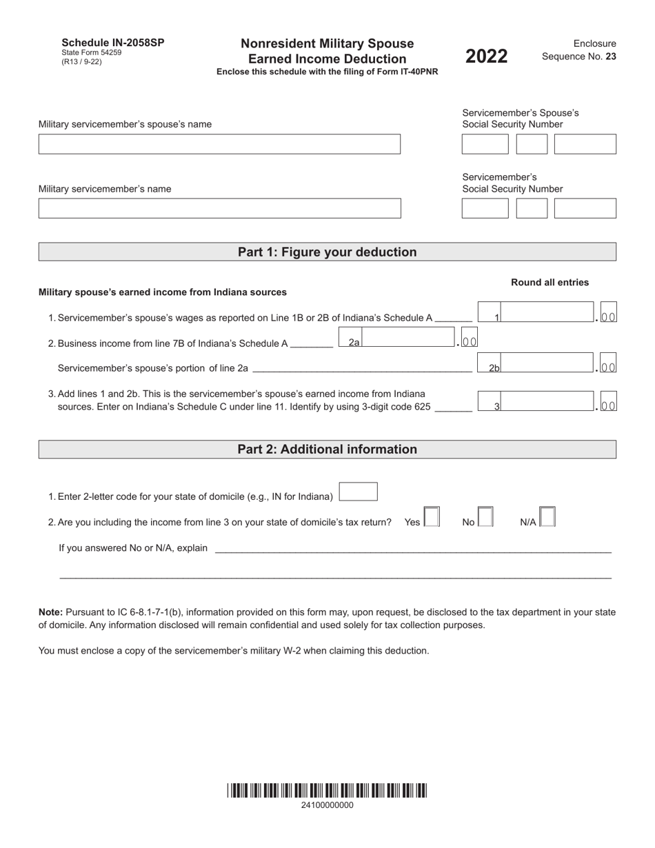 State Form 54259 Schedule IN-2058SP Nonresident Military Spouse Earned Income Deduction - Indiana, Page 1