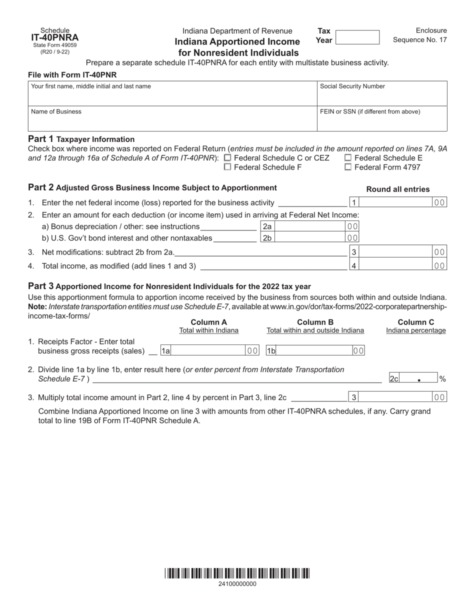 State Form 49059 Schedule IT-40PNRA Indiana Apportioned Income for Nonresident Individuals - Indiana, Page 1