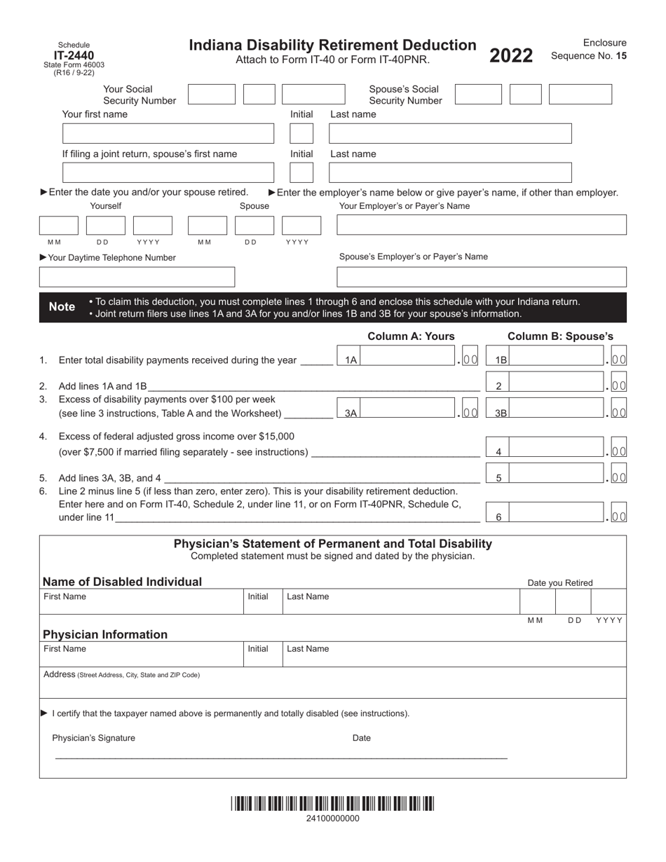 State Form 46003 Schedule IT-2440 Indiana Disability Retirement Deduction - Indiana, Page 1