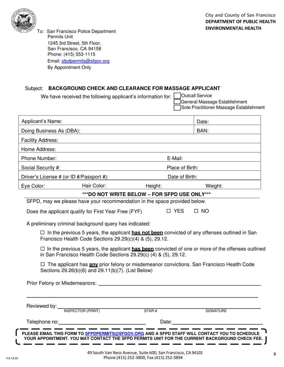Background Check and Clearance for Massage Applicant - City and County of San Francisco, California, Page 1