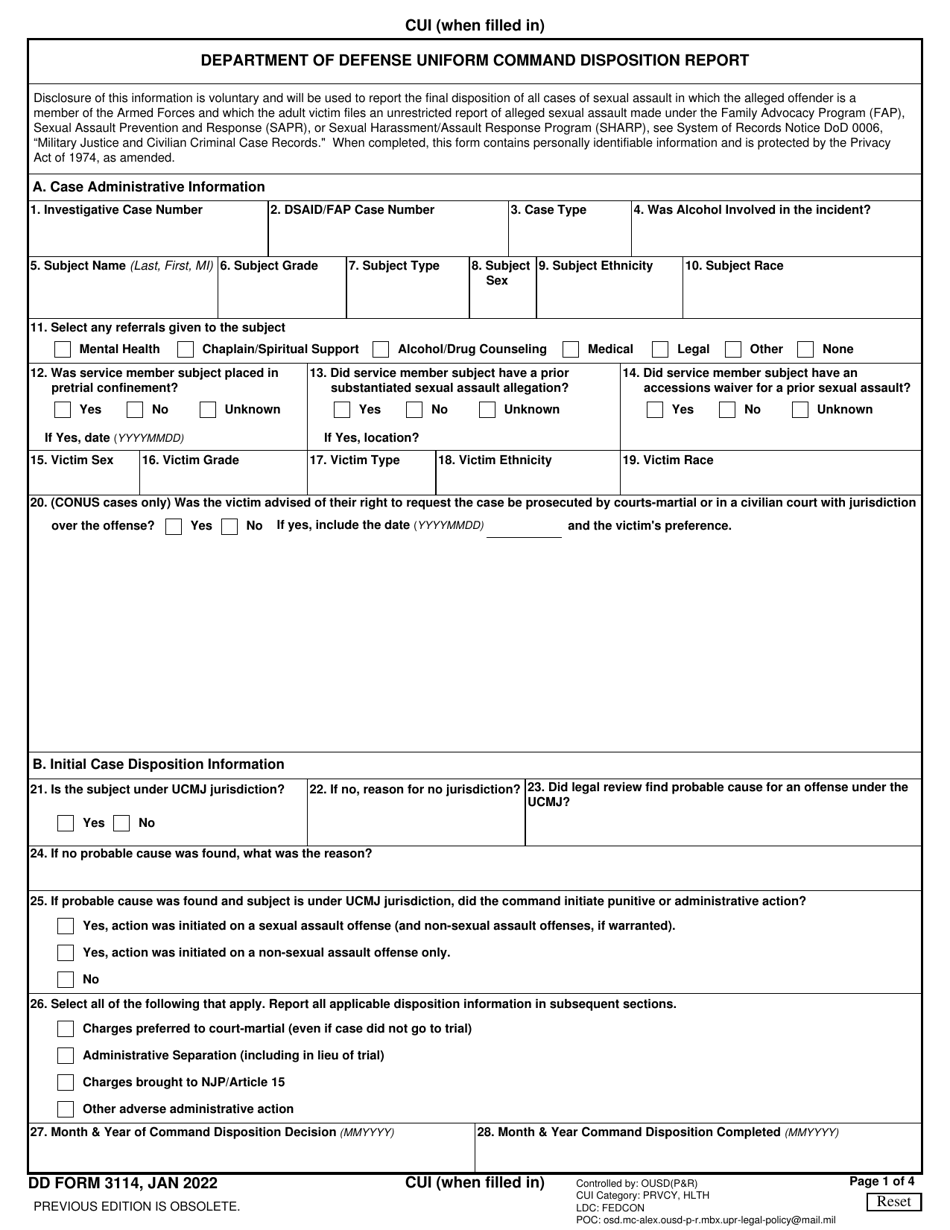 DD Form 3114 Department of Defense Uniform Command Disposition Report, Page 1