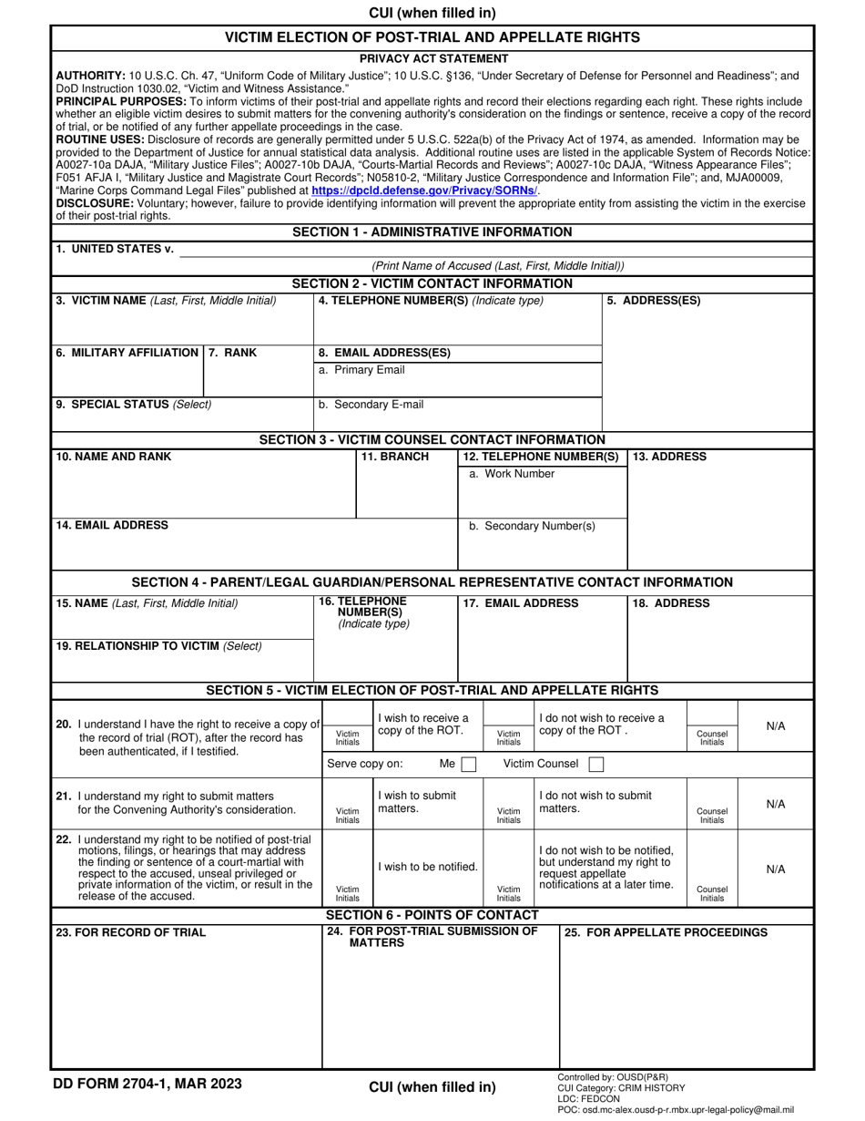 DD Form 2704-1 Victim Election of Post-trial and Appellate Rights, Page 1