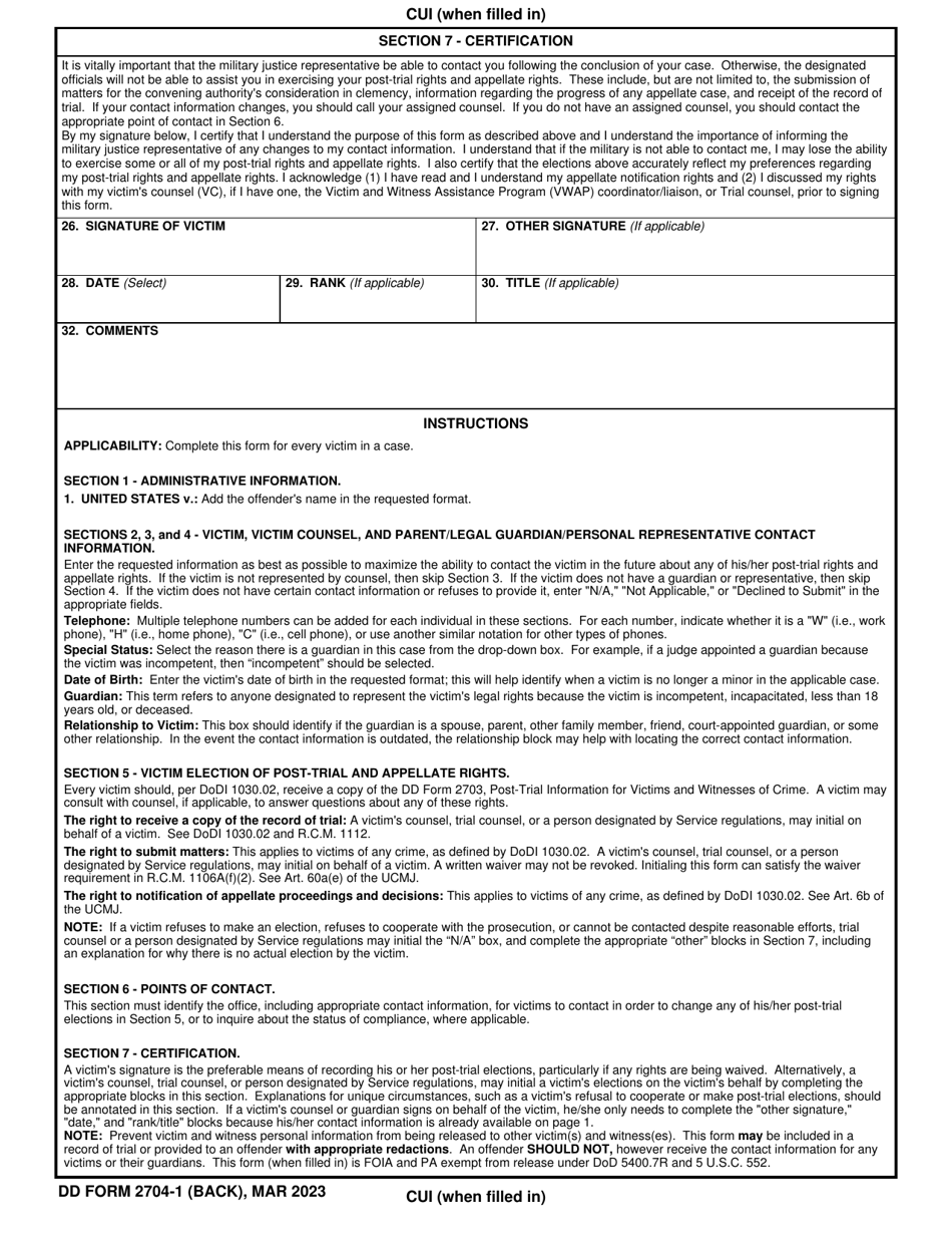 DD Form 2704-1 Victim Election of Post-trial and Appellate Rights, Page 2