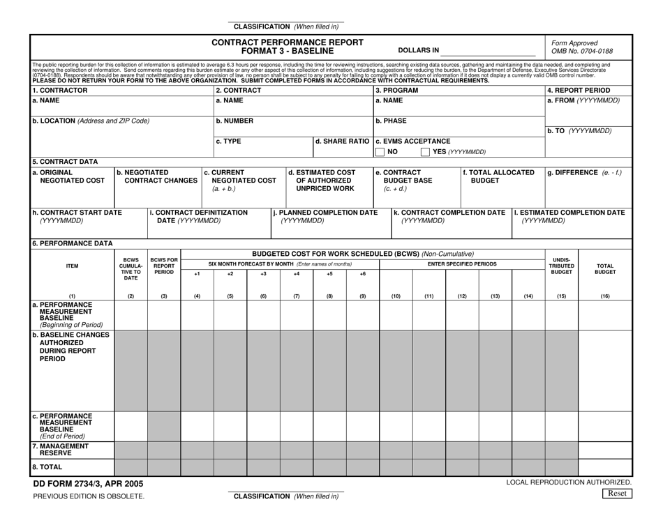 DD Form 2734 / 3 Contract Performance Report Format 3 - Baseline, Page 1