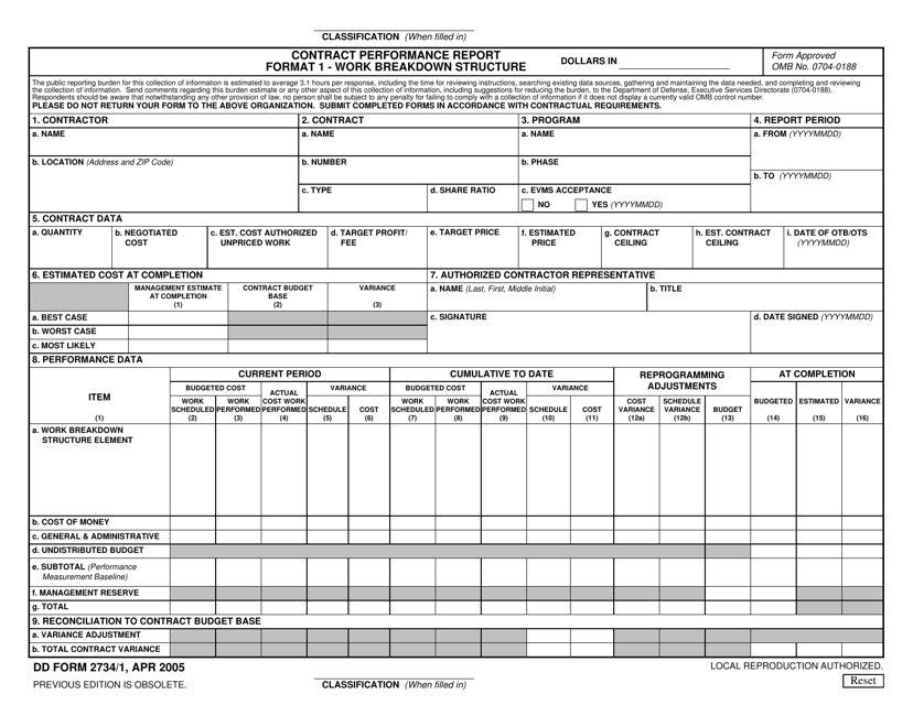 DD Form 2734/1 Contract Performance Report Format 1 - Work Breakdown Structure