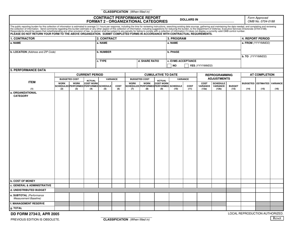 DD Form 2734 / 2 Contract Performance Report Format 2 - Organizational Categories, Page 1