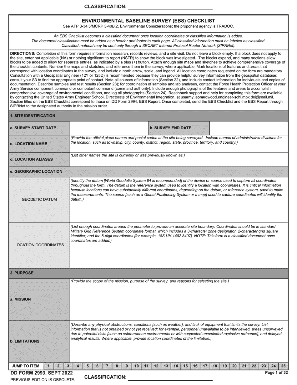 DD Form 2993 Environmental Baseline Survey (Ebs) Checklist, Page 1