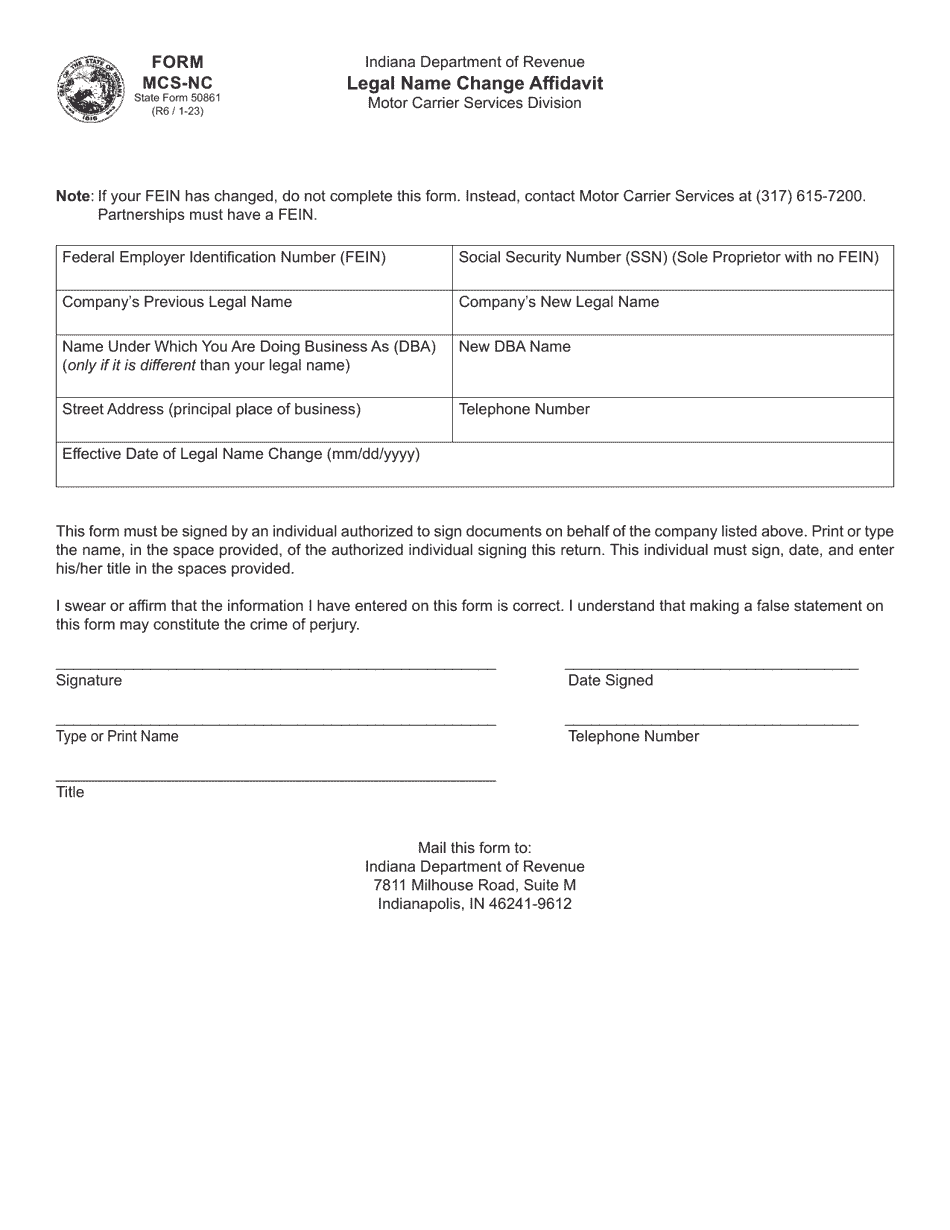 Form MCS-NC (State Form 50861) Legal Name Change Affidavit - Indiana, Page 1
