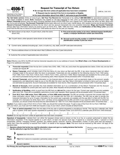 IRS Form 4506-T  Printable Pdf