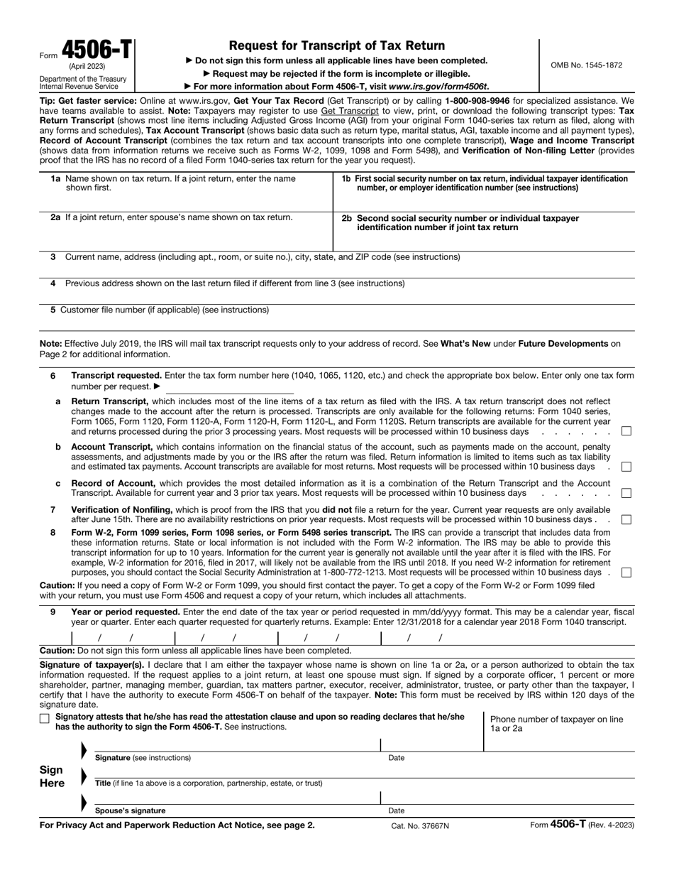 IRS Form 4506-T Request for Transcript of Tax Return, Page 1