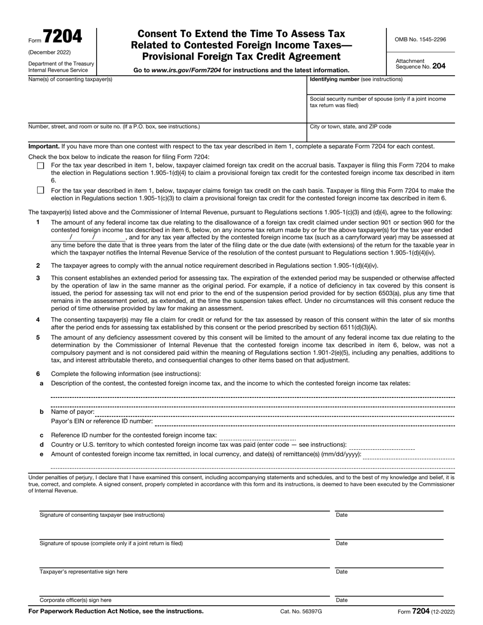 IRS Form 7204 Consent to Extend the Time to Assess Tax Related to Contested Foreign Income Taxes - Provisional Foreign Tax Credit Agreement, Page 1