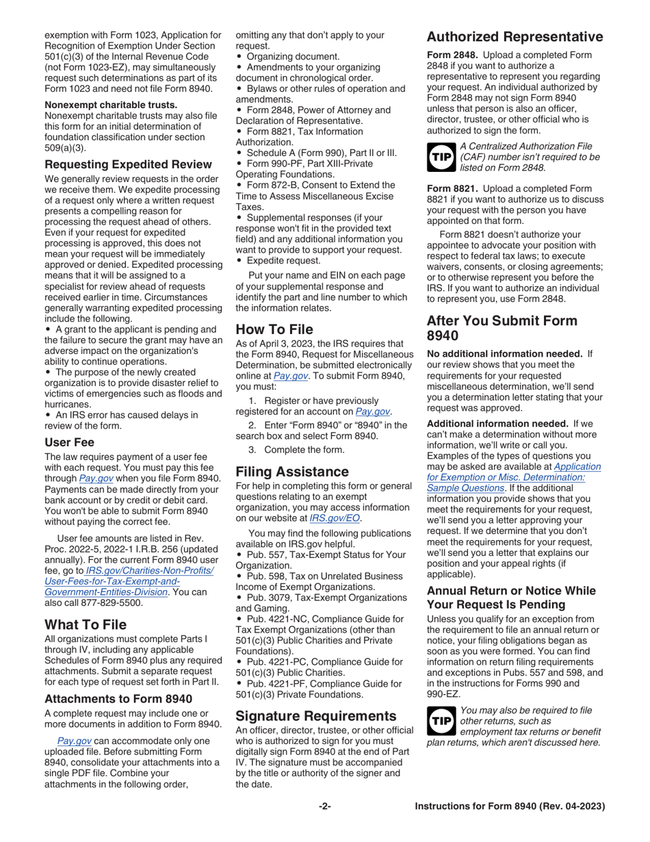 Instructions for IRS Form 8940 Request for Miscellaneous Determination, Page 2