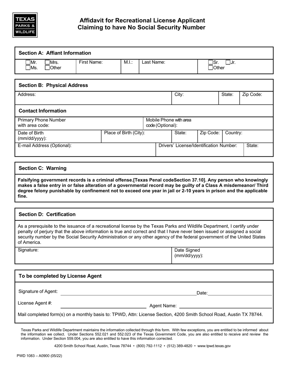 Form PWD1083 Affidavit for Recreational License Applicant Claiming to Have No Social Security Number - Texas, Page 1