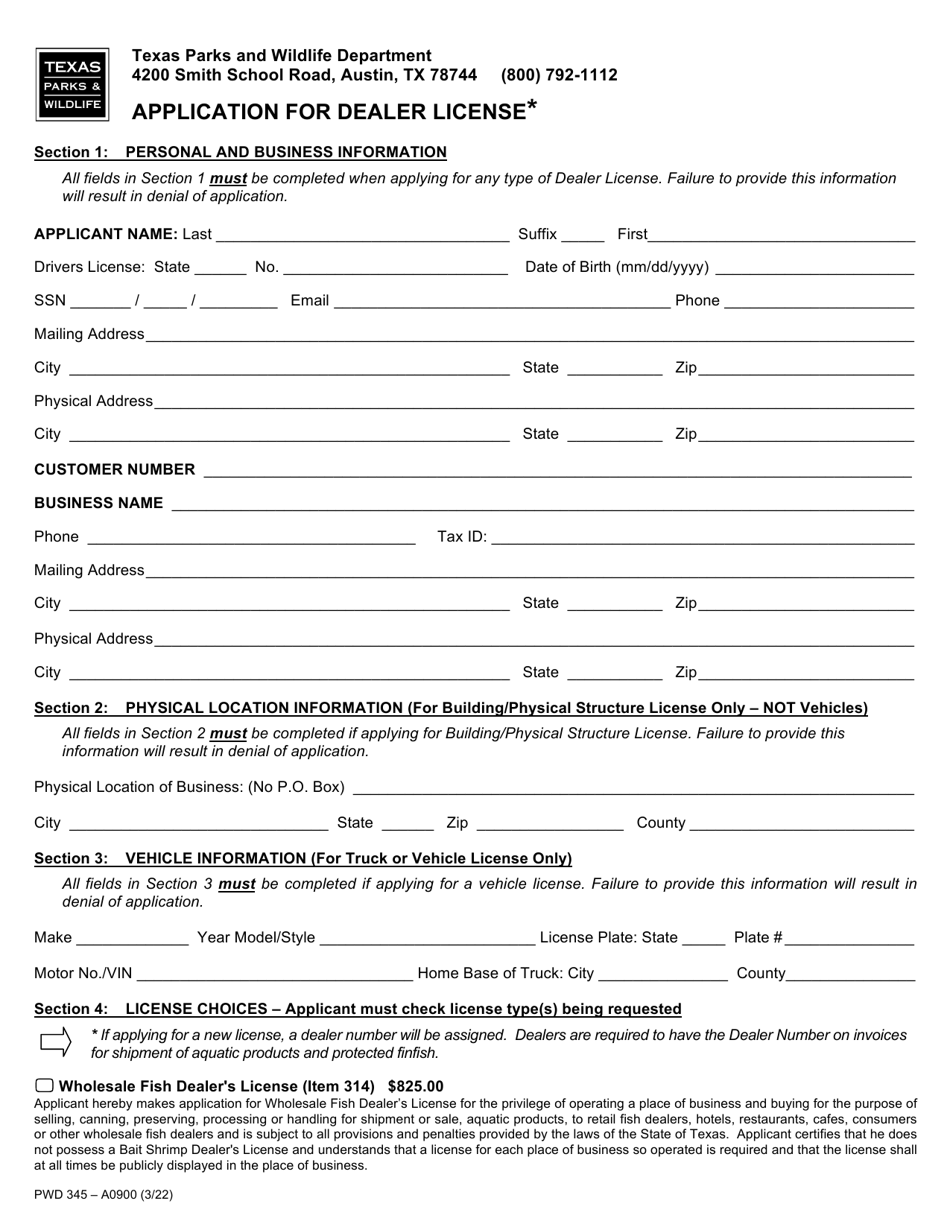 Form PWD345 Application for Dealer License - Texas, Page 1