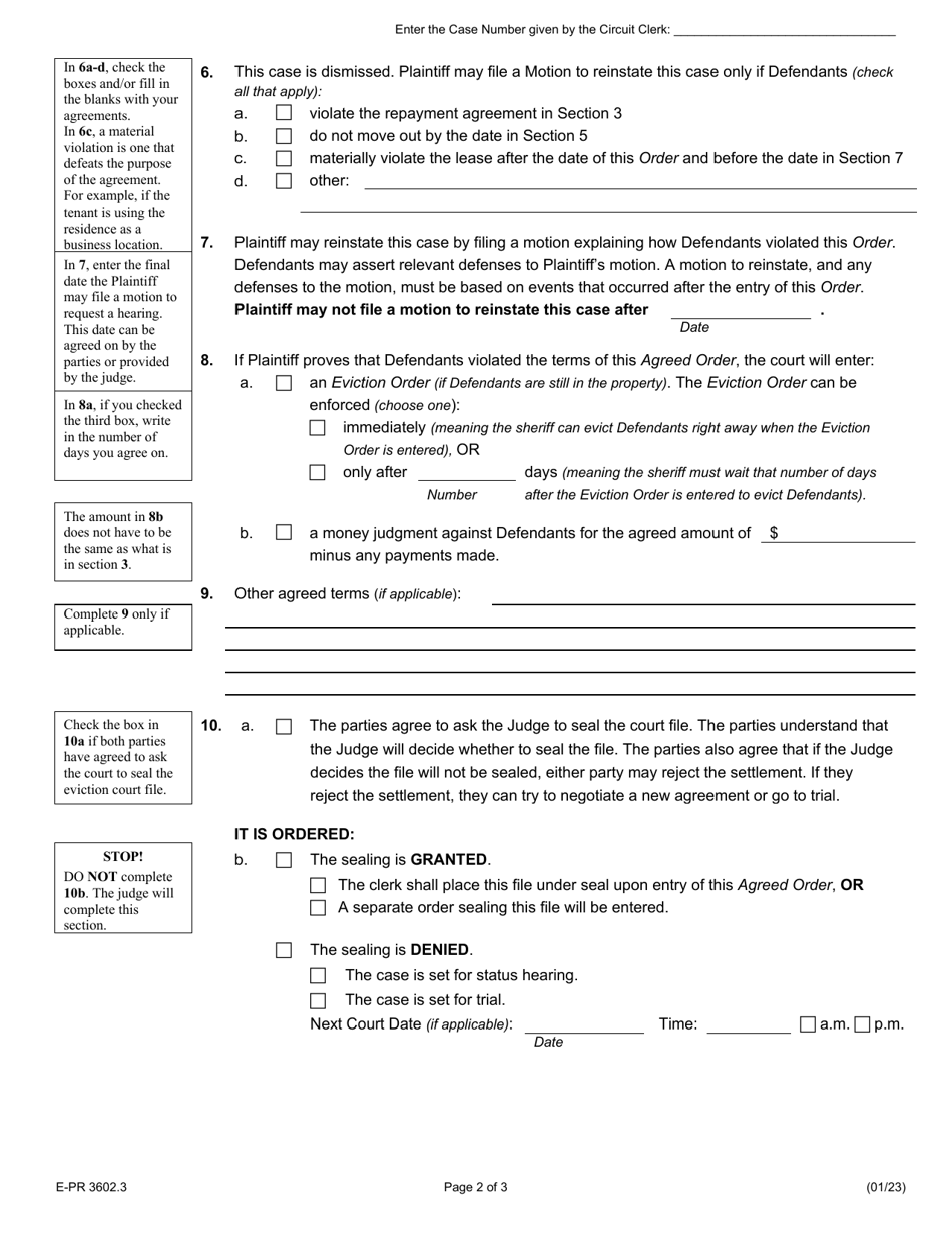 Form E-PR3602.3 Agreed Dismissal Order (Case May Be Reinstated if Defendants Violate Agreement) - Illinois, Page 2