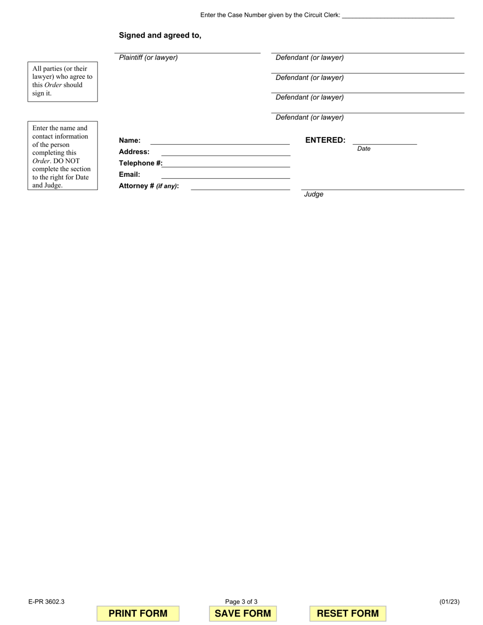 Form E-PR3602.3 Agreed Dismissal Order (Case May Be Reinstated if Defendants Violate Agreement) - Illinois, Page 3