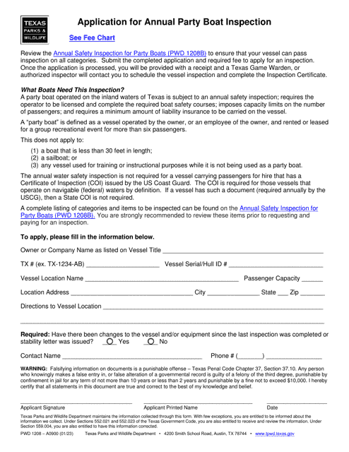 Form PWD1208 Application for Annual Party Boat Inspection - Texas