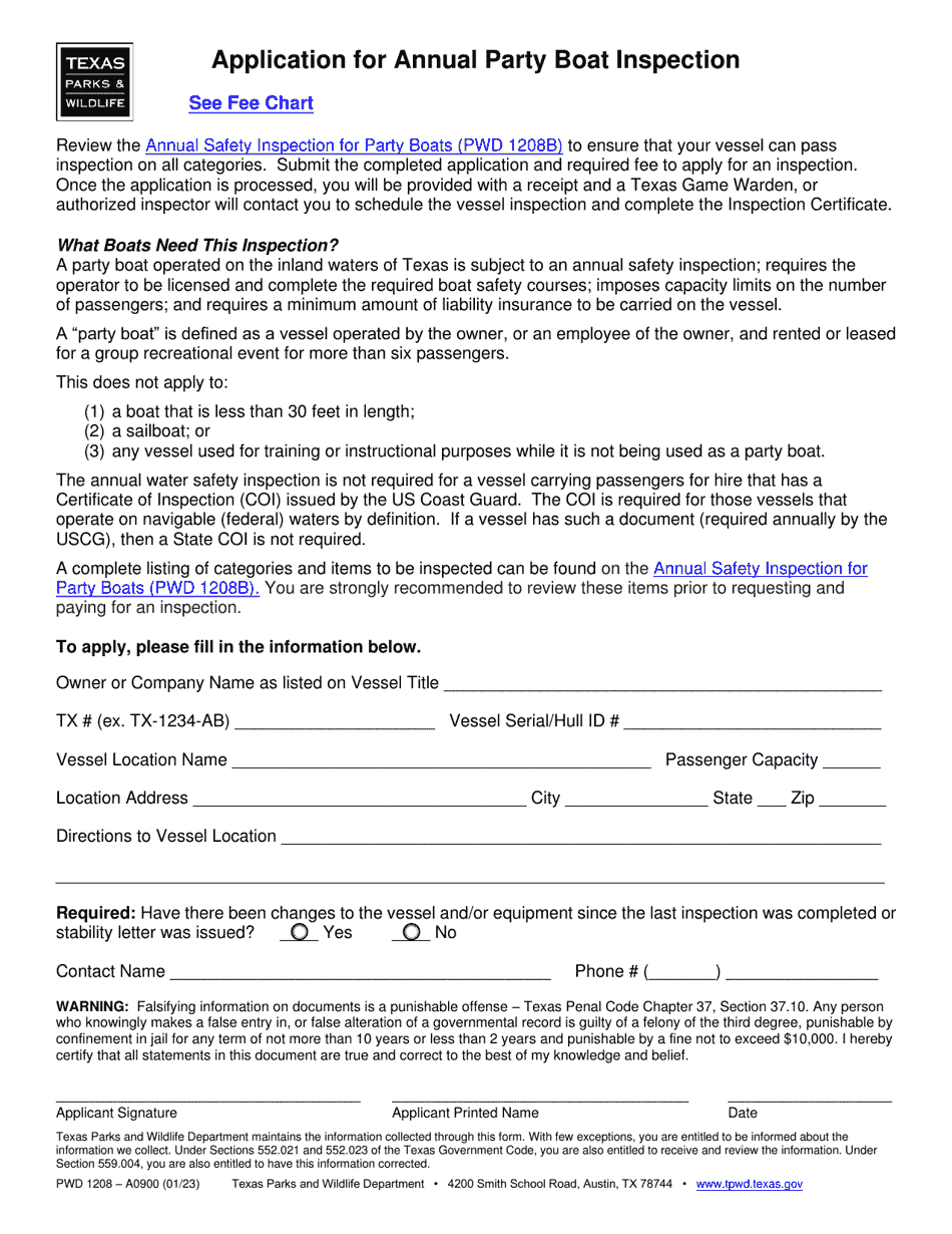Form PWD1208 Application for Annual Party Boat Inspection - Texas, Page 1