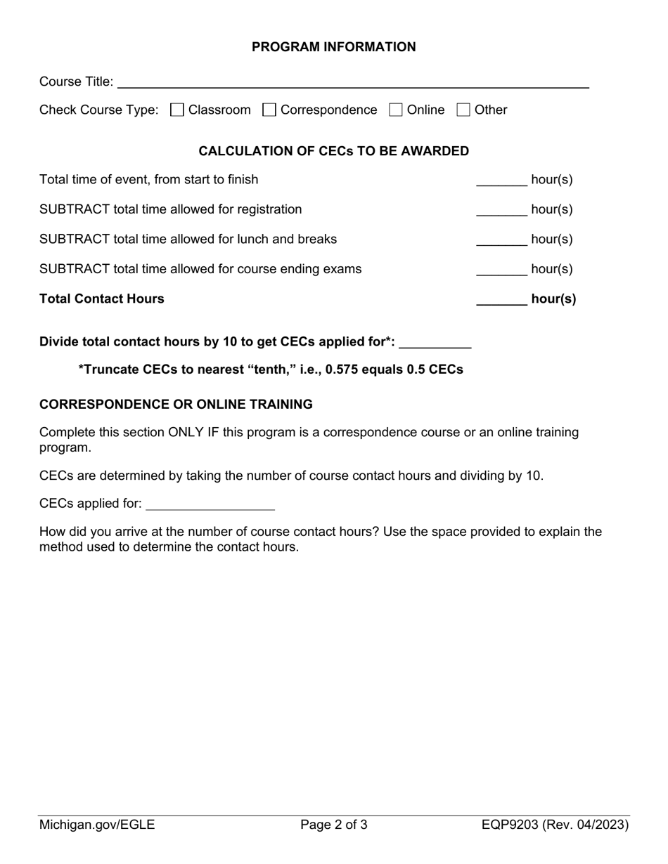 Form EQP9203 Application for Wastewater Education and Training Programs Continuing Education Course (Cec) - Michigan, Page 2