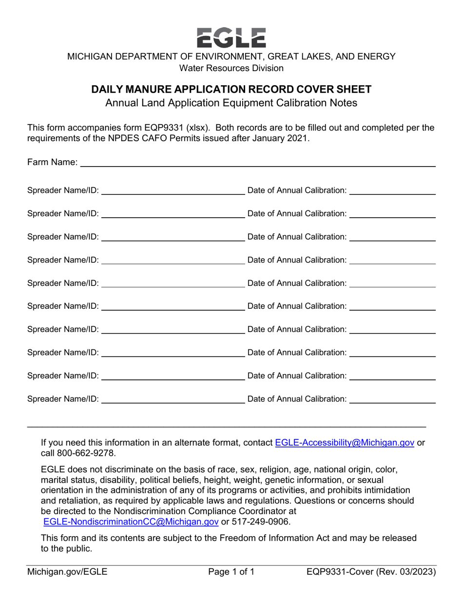 Form EQP9331-COVER Daily Manure Application Record Cover Sheet - Michigan, Page 1