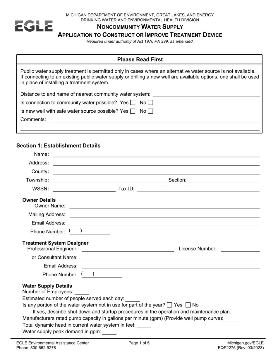 Form EQP2275 Application to Construct or Improve Treatment Device - Michigan, Page 1